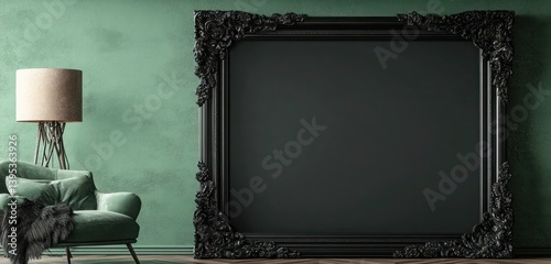 Obraz na płótnie A large, empty black frame with intricate carvings placed asymmetrically on a deep green wall, its ornate detailing contrasting elegantly with the modern background. w salonie