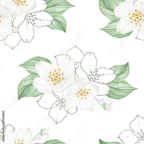 Seamless Jasmine Floral Pattern – White Blossoms and Lush Leaves – Watercolor Botanical Print