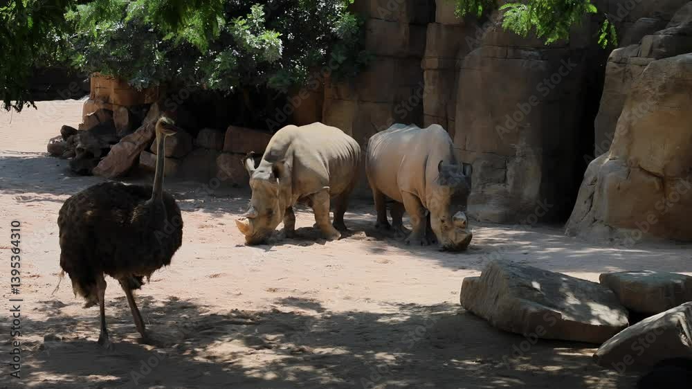 Ostrich observing two rhinos in a natural habitat setting Ostrich observing two rhinos in a natural habitat setting
