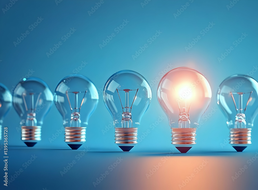 A row of light bulbs with one lit bulb, symbolizing innovation and creativity in technology and ideas. A row of light bulbs with one lit bulb, symbolizing innovation and creativity in technology and ideas.
