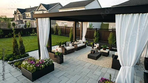 Suburban backyard patio pergola sunset relaxation