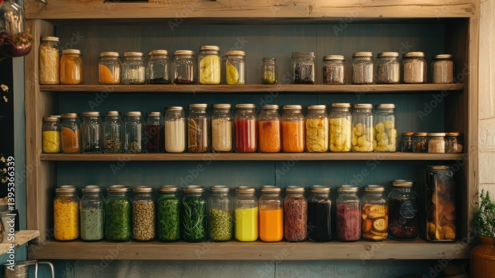 Wooden shelves stocked with rows of jars filled with colorful ingredients. Wooden shelves stocked with rows of jars filled with colorful ingredients.