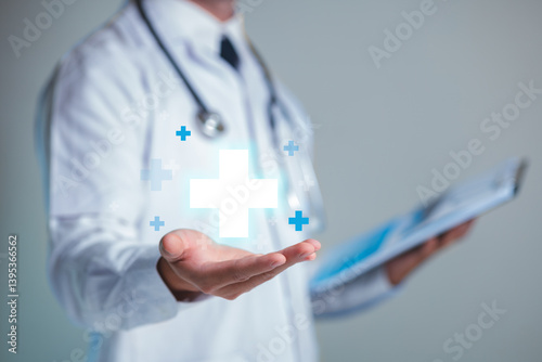 Doctor Holding Medical Symbols with Stethoscope and Clipboard