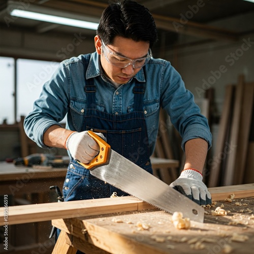 A carpenter uses a hand saw to cut wood in a sunlit workshop, with sawdust in the air and a focus on craftsmanship.