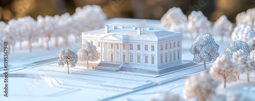 Blueprint design with a white house model, focusing on architectural planning and design precision