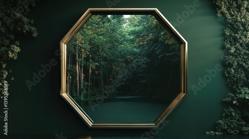 Obraz na płótnie A large, hexagonal frame with a mirrored surface, creating a stunning reflective effect on a dark forest green wall. w salonie