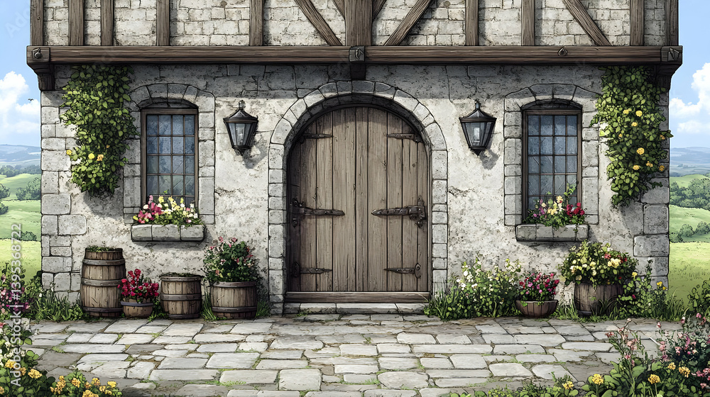 Stone House Facade with Wooden Door Windows and Flowering Plants in a Rural Setting Under a Bright Sky Pixel Art Style Stone House Facade with Wooden Door Windows and Flowering Plants in a Rural Setting Under a Bright Sky Pixel Art Style