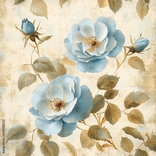 Vintage floral wallpaper, soft blue roses, delicate petals, muted pastel colors, botanical illustration, shabby chic style, antique fabric texture, dreamy watercolor effect, romantic garden motif, fad