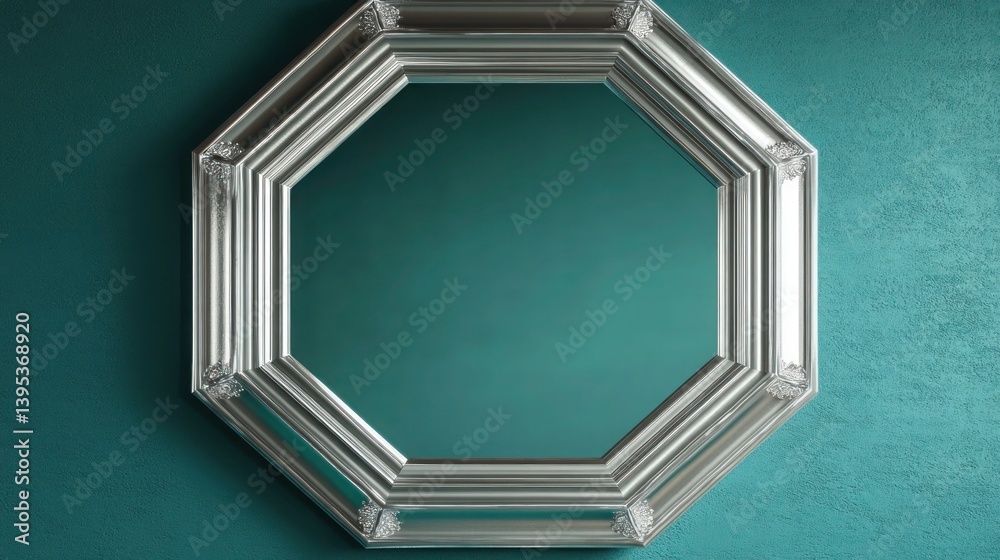 A large octagonal silver frame, mounted on a teal wall, with beveled edges that catch the light beautifully.