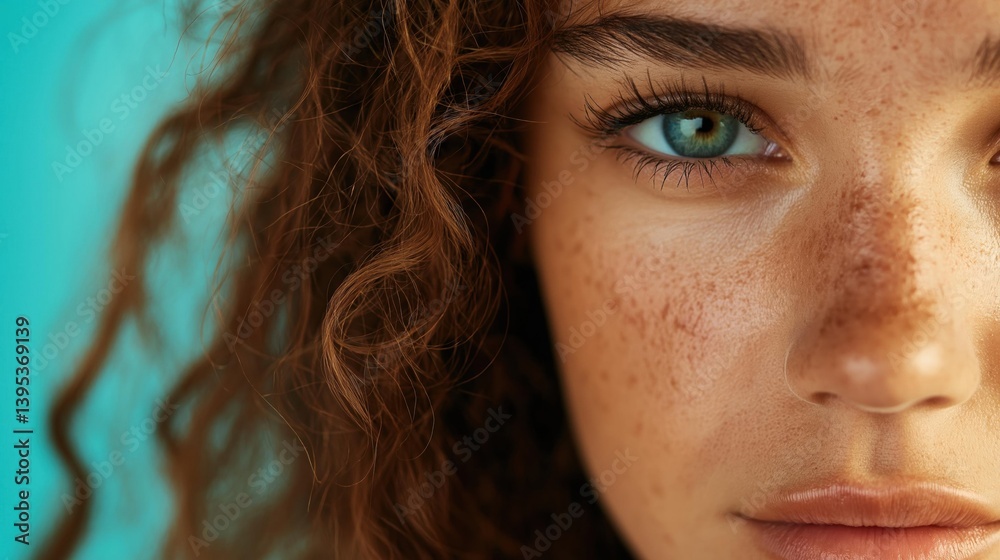 Fototapeta premium Close-up portrait of a young woman's face. she has curly brown hair and blue eyes. her face is turned slightly to the side, and she is looking directly at the camera with a serious expression.