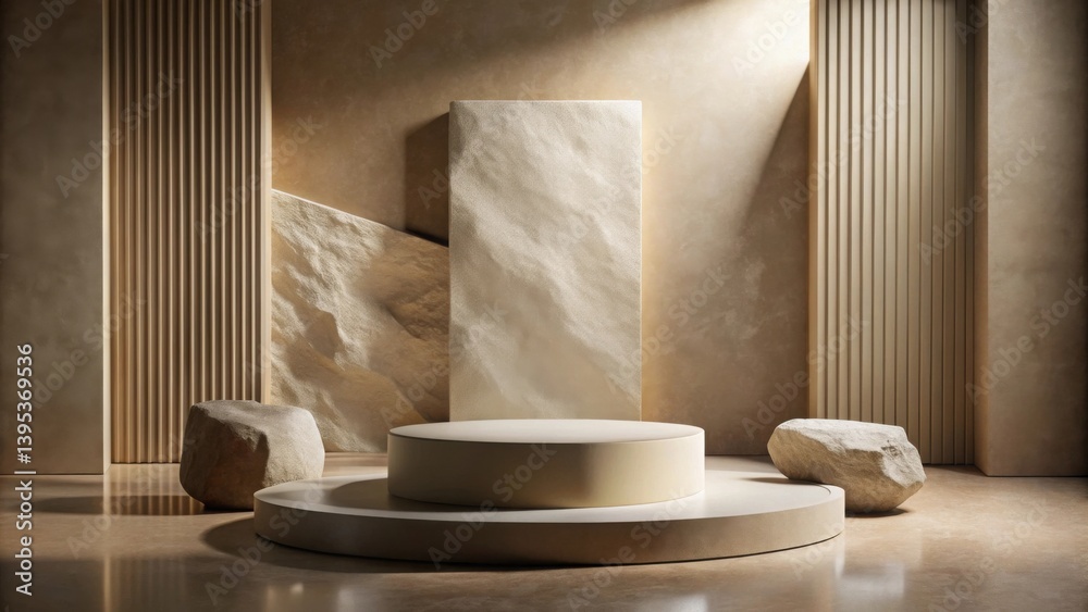Minimalist Product Display with Neutral Tones and Textured Surfaces Minimalist Product Display with Neutral Tones and Textured Surfaces