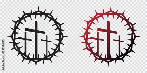 Banner or emblem with three crosses inside the crown of thorns on a transparent background. Religious illustration on Easter and Good Friday. Symbol of Christianity. Good day of remembrance. EPS 10 Ve