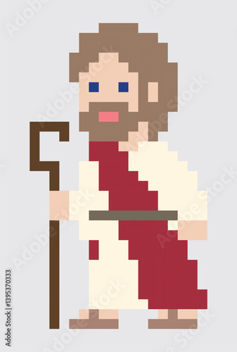 Jesus Christ with staff, pixel cartoon style. Good shepherd. EPS 10 Vector Illustrations