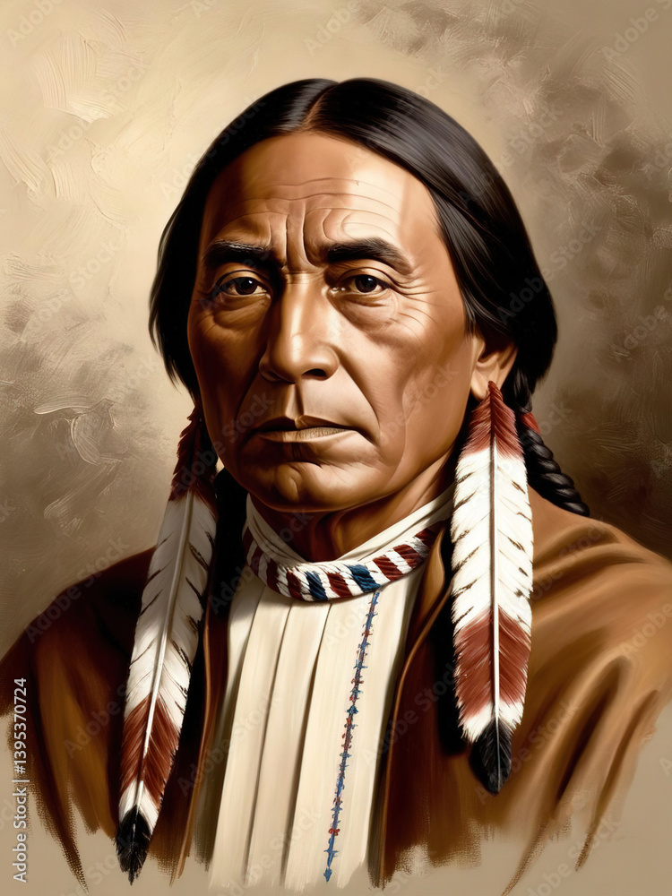 Artistic portrait of an elderly Native American chief with long dark hair and traditional feather adornments