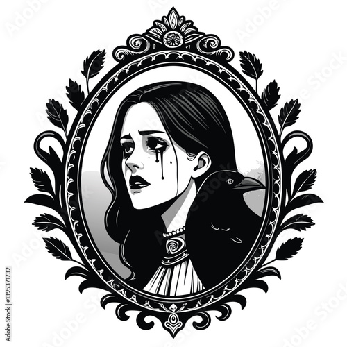 Create a vector illustration of a melancholic Gothic woman with bold, dramatic strokes.  Emphasis on dark clothing and a sorrowful expression.