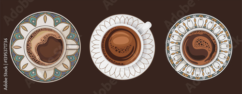Set of different ceramic cups with Turkish coffee top view. Vector illustration isolated on dark background