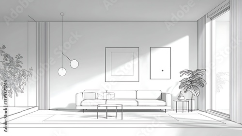 Blueprint a modern Scandinavian living room, displaying a minimalist furniture layout with clean, aesthetic lines