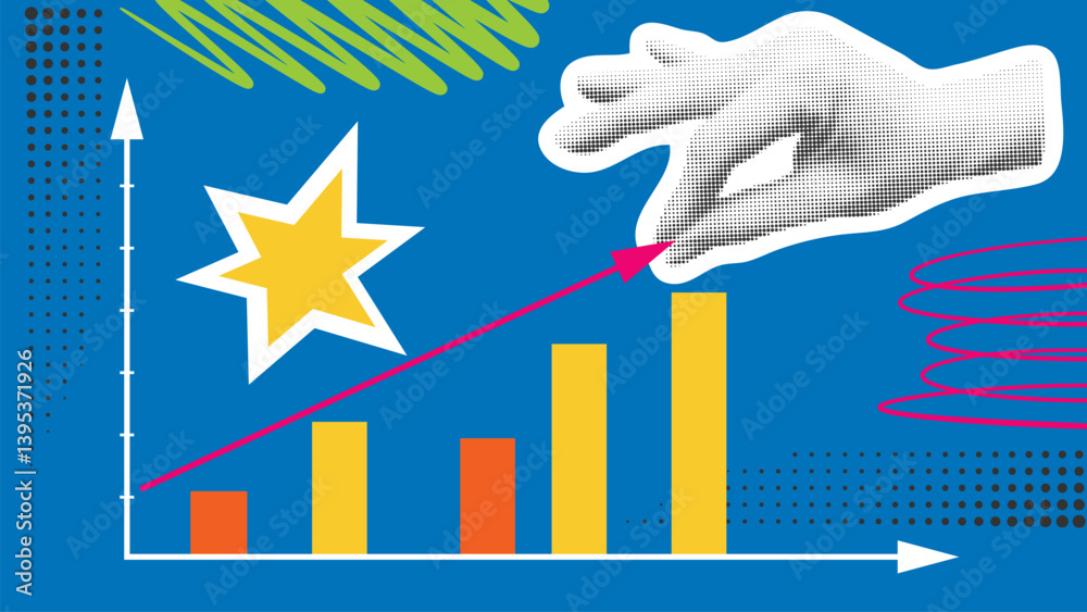 Fototapeta premium Contemporary collage growth graph. Scheme with increase columns, hand pulling arrow up. Concept of economic growth, development, progress. Halftone effect elements, vector graphics