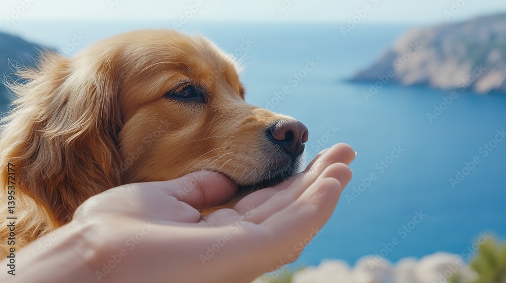 Close-up of a golden retriever's head gently touching a human hand against a backdrop of the sea and cliffs
