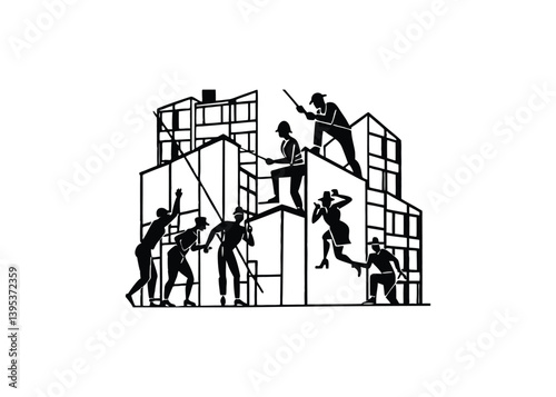 Silhouette of people climbing buildings isolated on a white background