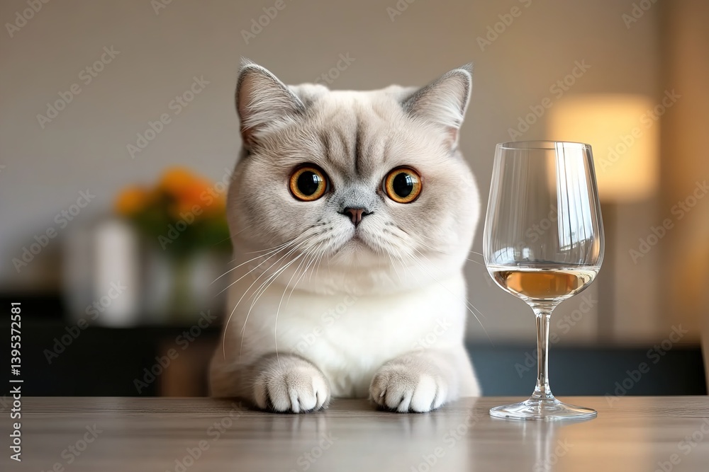 Funny cream-colored cat with big eyes sitting at a table next to a glass of white wine, waiting