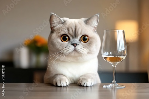 Obraz na płótnie Funny cream-colored cat with big eyes sitting at a table next to a glass of white wine, waiting w salonie