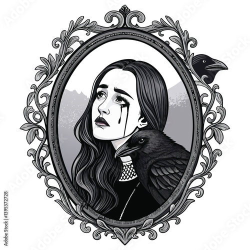 Create a vector illustration of a melancholic gothic woman, featuring bold, dramatic brush strokes.  Her expression should convey profound sadness.
