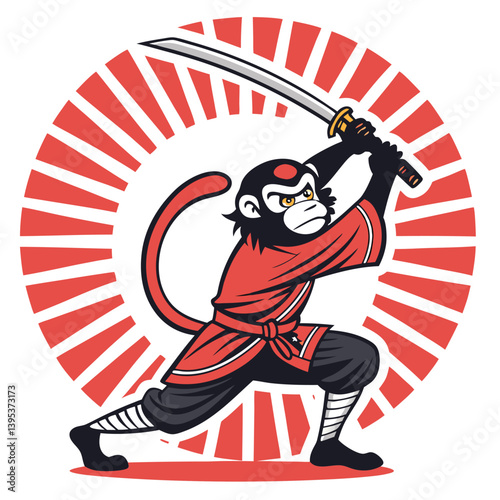 Design a bold vector illustration of a samurai monkey wielding a katana, showcasing dynamic lines and strong color contrasts.