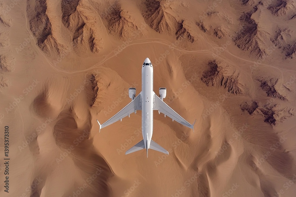 Top view of a white passenger airplane flying over vast sand dunes of a desert