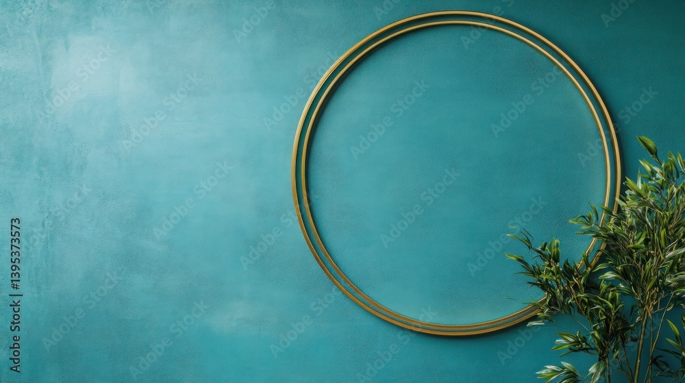 A large, thin brass circular frame, positioned asymmetrically on a turquoise wall, creating an elegant yet minimalist focal point.