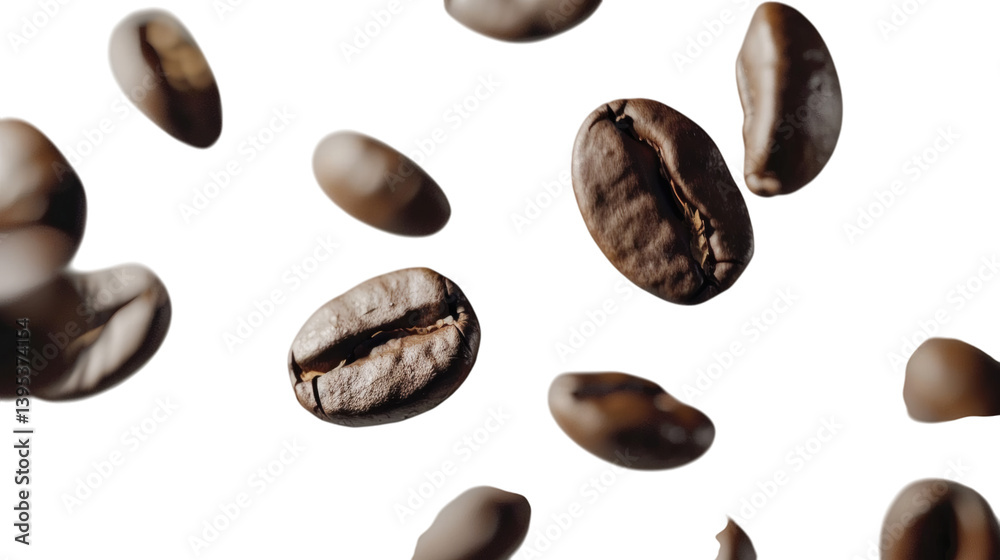 Obraz premium Falling coffee beans close-up frame, isolated on white background