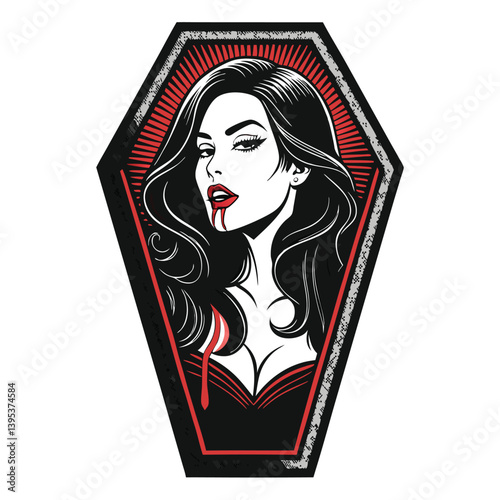 Create a bold, vector illustration of a seductive vampire woman with dramatic lighting and intense eyes.  Focus on strong lines and shapes.