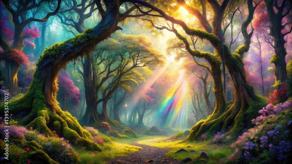 Enchanted Forest Path Sunbeams Illuminate a Mystical Woodland Scene with Rainbow Hues Enchanted Forest Path Sunbeams Illuminate a Mystical Woodland Scene with Rainbow Hues