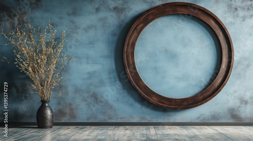 A large wooden circular frame, hanging low and off-center on a faded blue wall, adding warmth and rustic beauty to the minimalist setting.