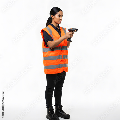 Realistic Female Warehouse Employee Using Hand Scanner, Wearing Vest and Gloves, White Background