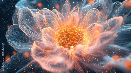 Luminous energy flower with swirling orange particle core, glowing petals radiating intricate geometric patterns in dark cosmic space. Dynamic light trails and sparkling particles create ethereal move
