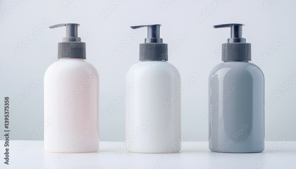 Three stylish bottles, each ready to dispense its contents with a single pump Three stylish bottles, each ready to dispense its contents with a single pump