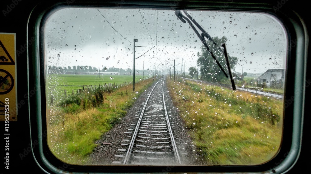 Train interior view, serene landscape passing by, green fields and distant trees in the background, reflective journey moment.