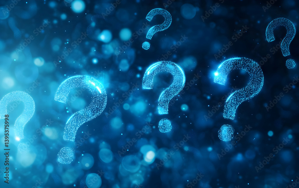 Naklejka premium Abstract digital background featuring glowing question marks amidst shimmering blue particles, symbolizing inquiry and curiosity.