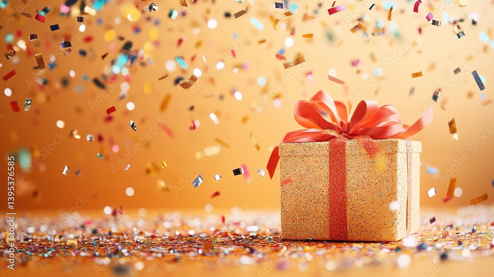Festive composition with a speckled gift box under falling confetti on a golden background