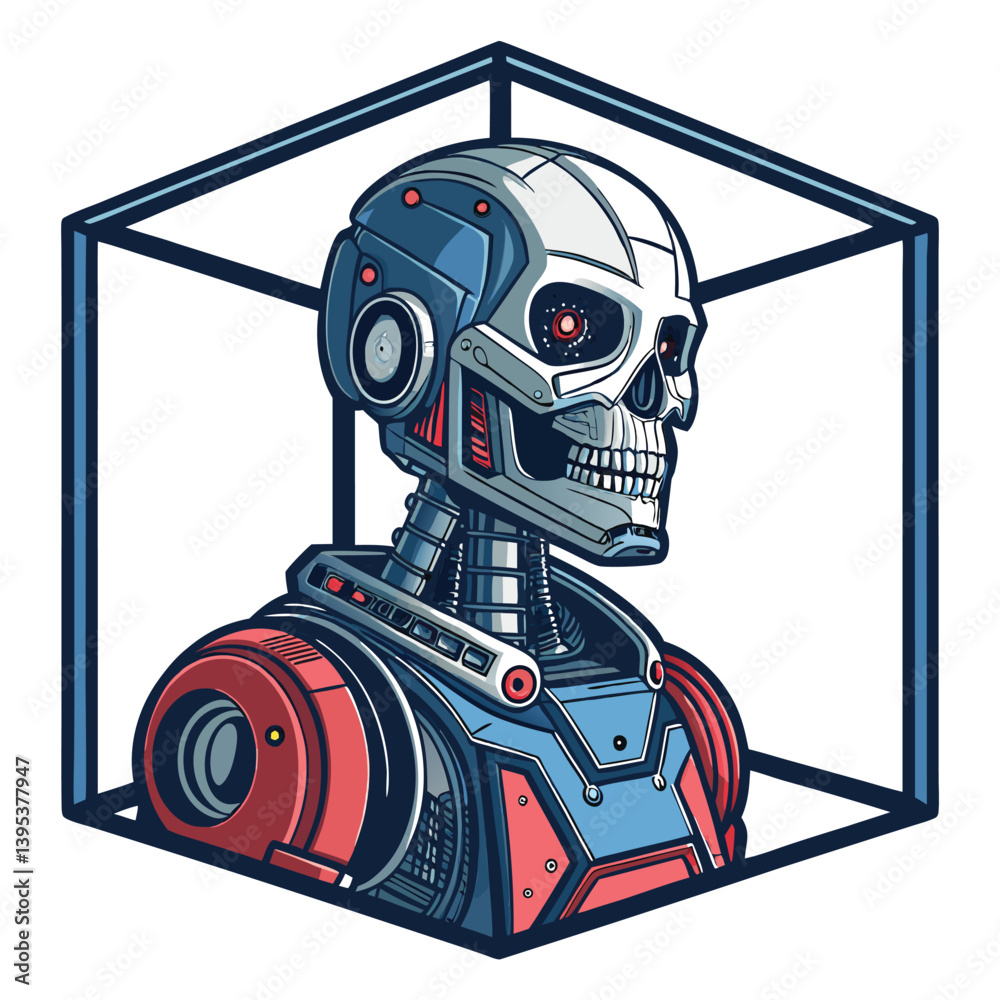 Design a vector illustration of a skull robot with bold, glitchy lines and vibrant color accents.  Emphasis on strong, graphic style.