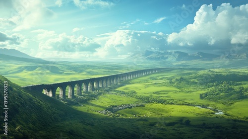 Beautiful bridge over green valley landscape