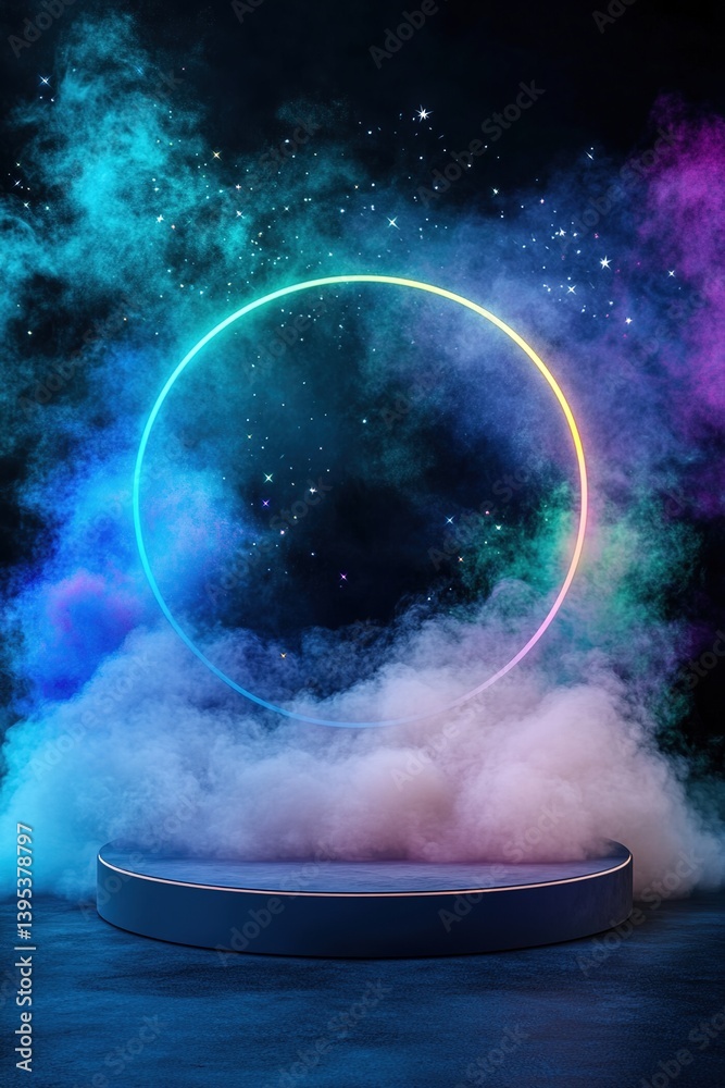 Futuristic cosmic podium with a neon ring, mist, and stars against a dark background