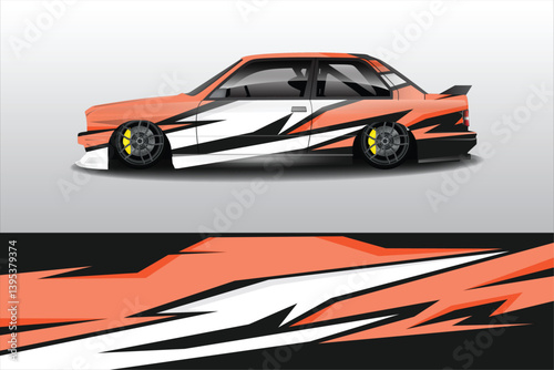 A stylized orange and black sports car with dynamic graphics, showcased against a minimalist background