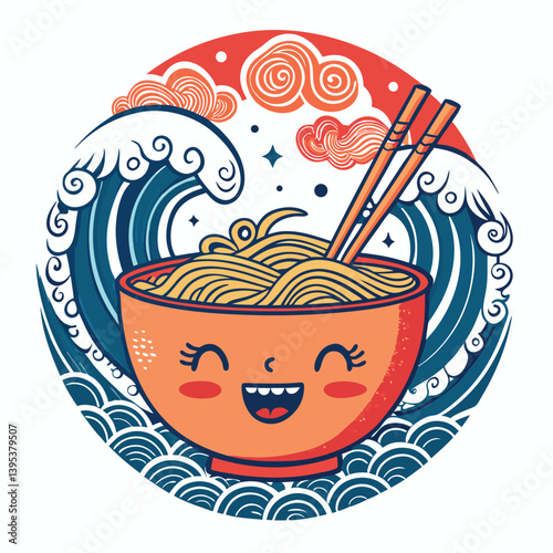 Create a vector illustration of a smiling ramen bowl with bold, thick strokes.  Design should be playful and vibrant.