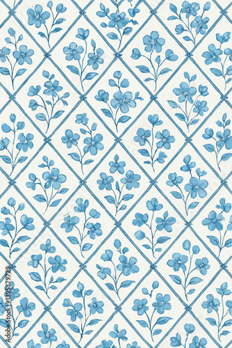 Blue Bells Floral Trellis Print Design in Vector