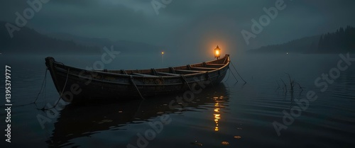  Blackwater Banshee Weathered Boat Drifting on Dark Waters, Bathed in the Golden Glow of a Single Lantern