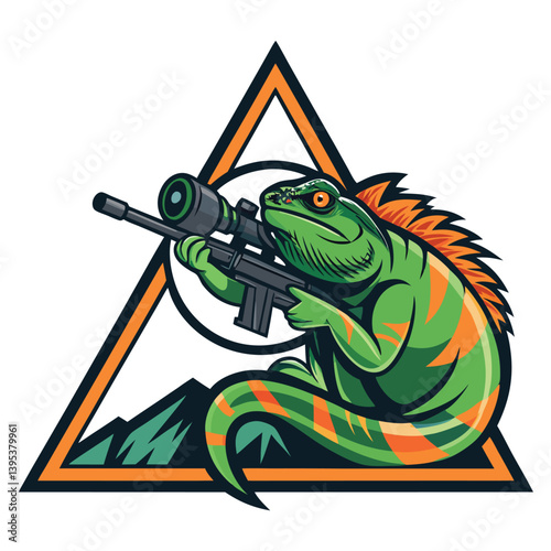 Design a bold, vector illustration of a reptilian sniper, incorporating strong lines and sharp details.  Include an 'L' in the design.