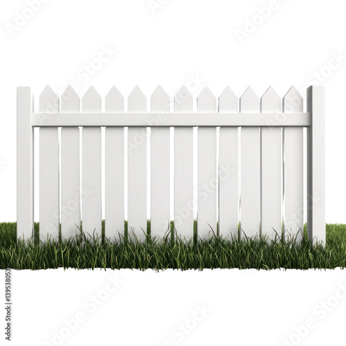 White picket fence in lush grass cutout background outdoor setting bright daylight vibrant colors for design