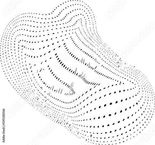 Suspended organic blob composed of digital dotted mesh with smooth curves and fluid distortion.